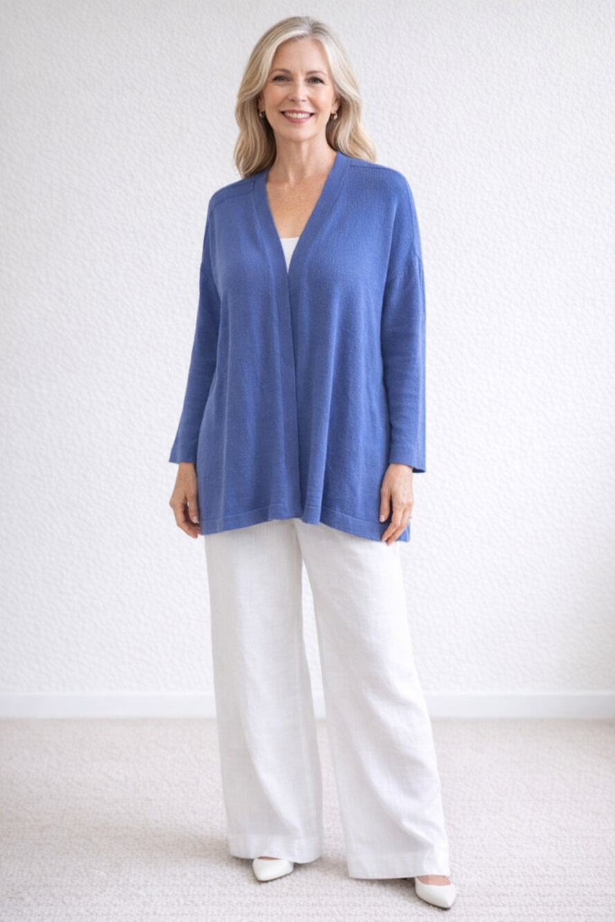 Soft Surroundings Linen Blend Button Sleeve Open Front Cardigan Royal Blue Sz L